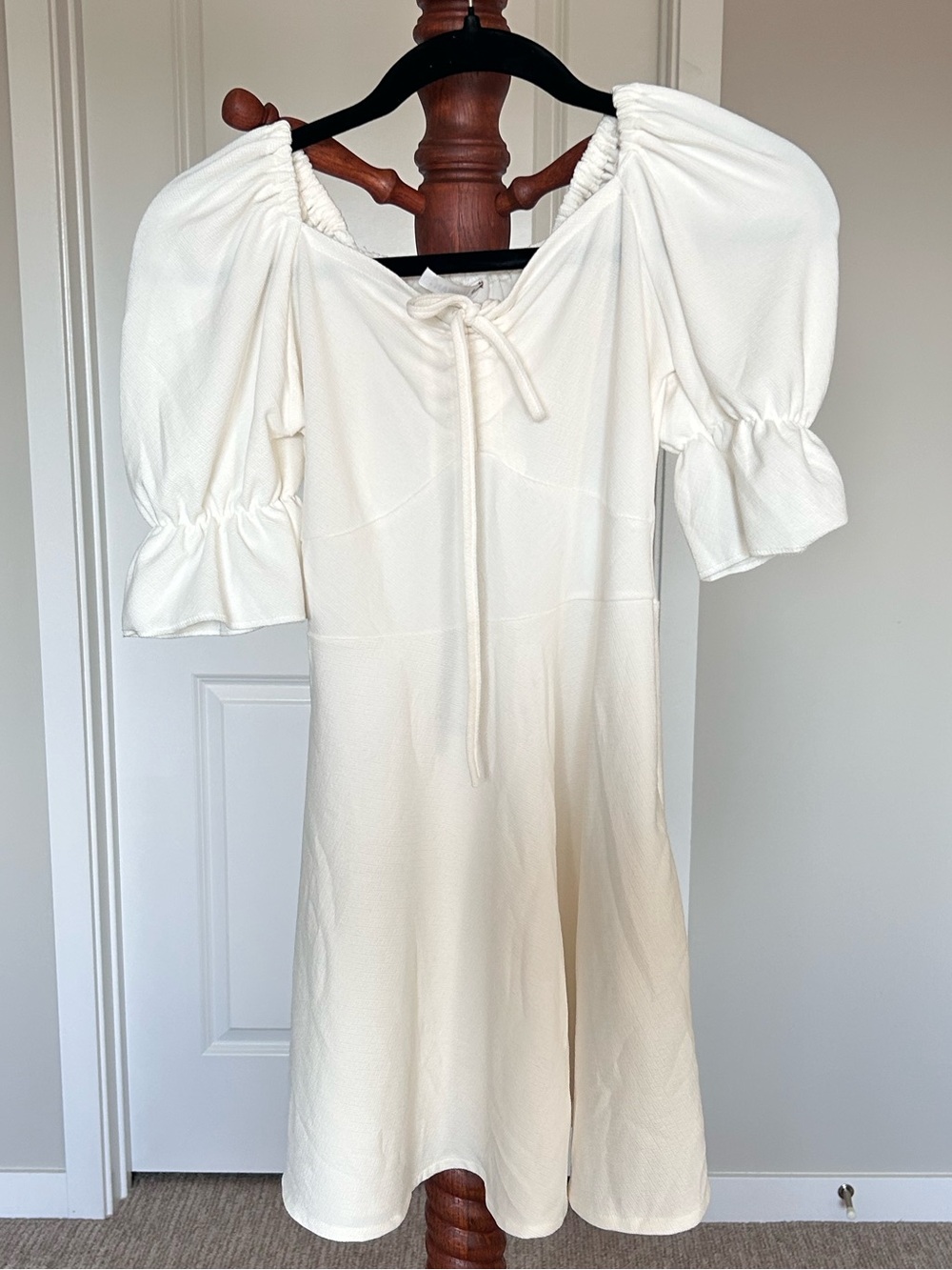 Cream Puff-Sleeve Mini Dress with Tie Neck